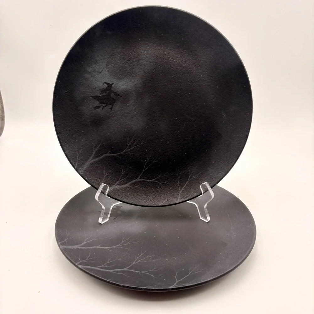 Mesa Brasil Halloween Witch Moon Dinner Plates Set of 2 Black Matte Spooky